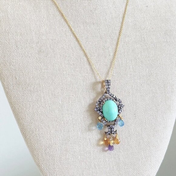 14k Yellow Gold Turquoise Multi Gemstone Chandelier Pendant Chain Necklace 18" - Picture 5 of 16